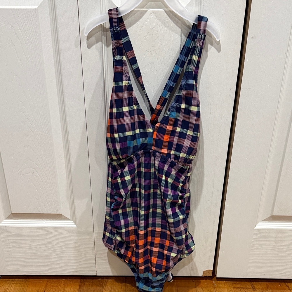 Motherhood Maternity Navy Plaid Swimsuit with Orange, Purple & Teal Medium